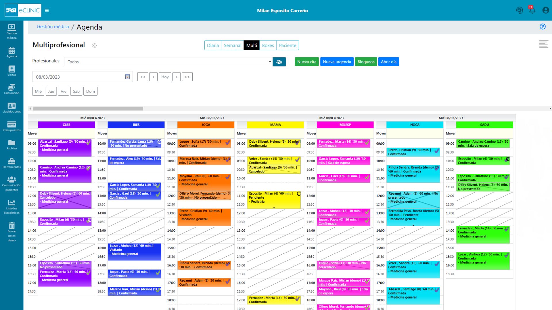 un calendario para médicos con colores dependiendo del profesional